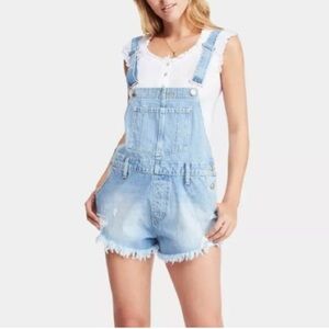 Free People Denim June Shortalls Romper Moonbeam Blue Distressed Boho Sz 25